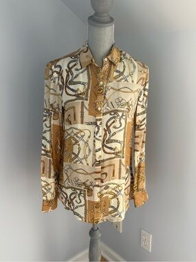 Womens Cream & Tan Chain-Print Button Front Blouse